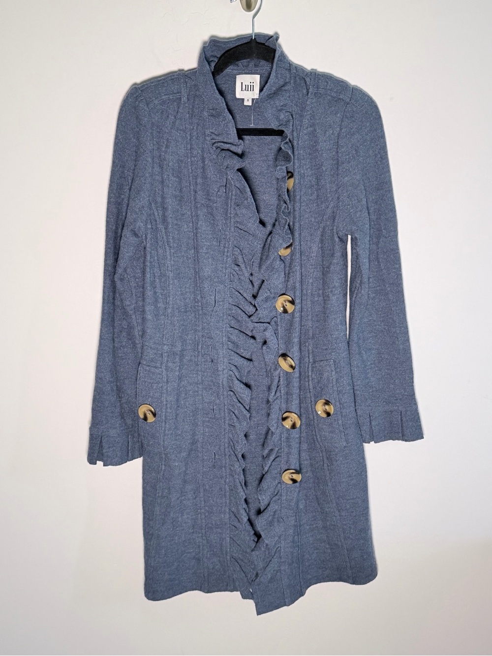 Luii Anthropologie Blue Ruffle-Front 100% Wool Sweater Coat - Picture 9 of 12